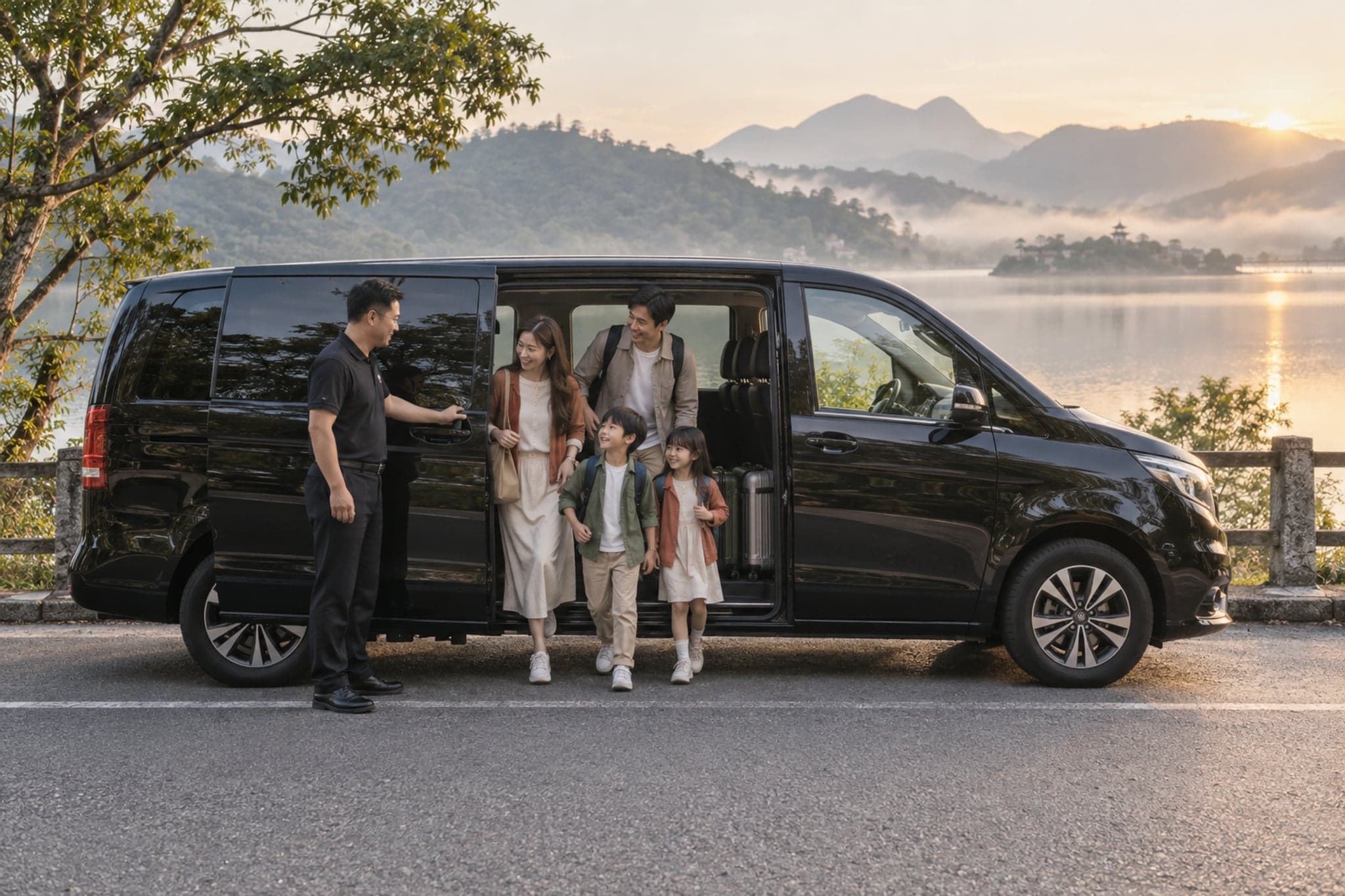 A family arriving by private charter at Sun Moon Lake at dawn